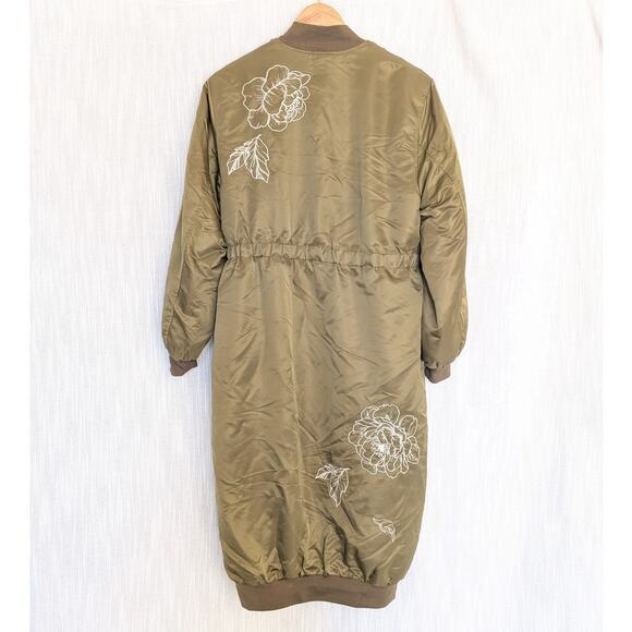 Cinq à Sept Olive Pauline Peony Embroidered Long Bomber Full Zip Coat, size XXS - Picture 3 of 10